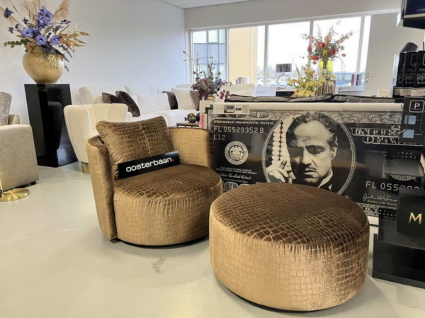 Luxe Croco Draaifauteuil + Poef NIEUW - Goud Croco