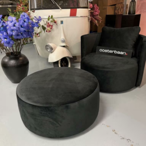 Luxe Velvet Draaifauteuil Anton + Poef Zwart – NIEUW