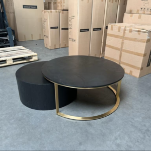 Luxe Visgraat Salontafel Black Oak Goud NIEUW – Set van 2