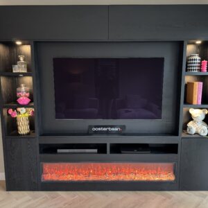 Luxe Black Oak Cinewall Met Haard & Verlichting Compleet – Vakkenkast Zwart NIEUW