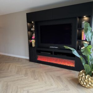 Luxe Black Oak Cinewall Met Haard & Verlichting Compleet – Vakkenkast Zwart NIEUW