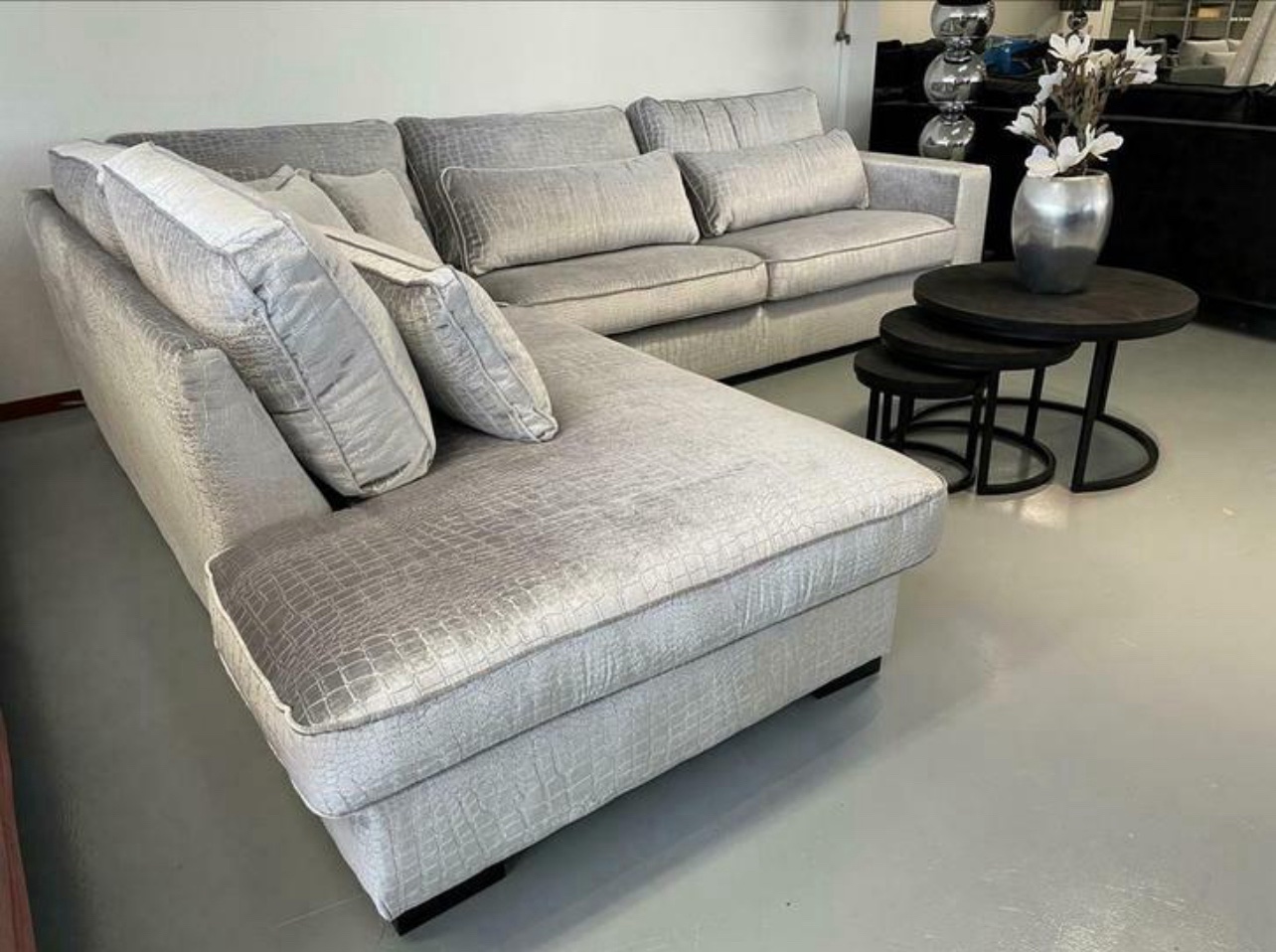 Luxe Velvet Zilver Croco Hoekbank Costa 250x310cm - NIEUW - Afbeelding 2